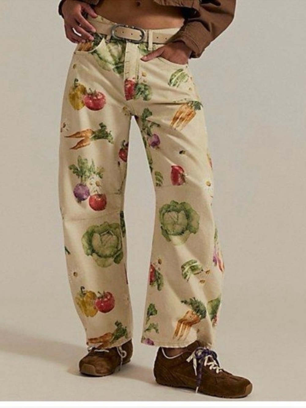We The Free Cream Denim Wide-Leg Jeans with Vegetable Motif View 3